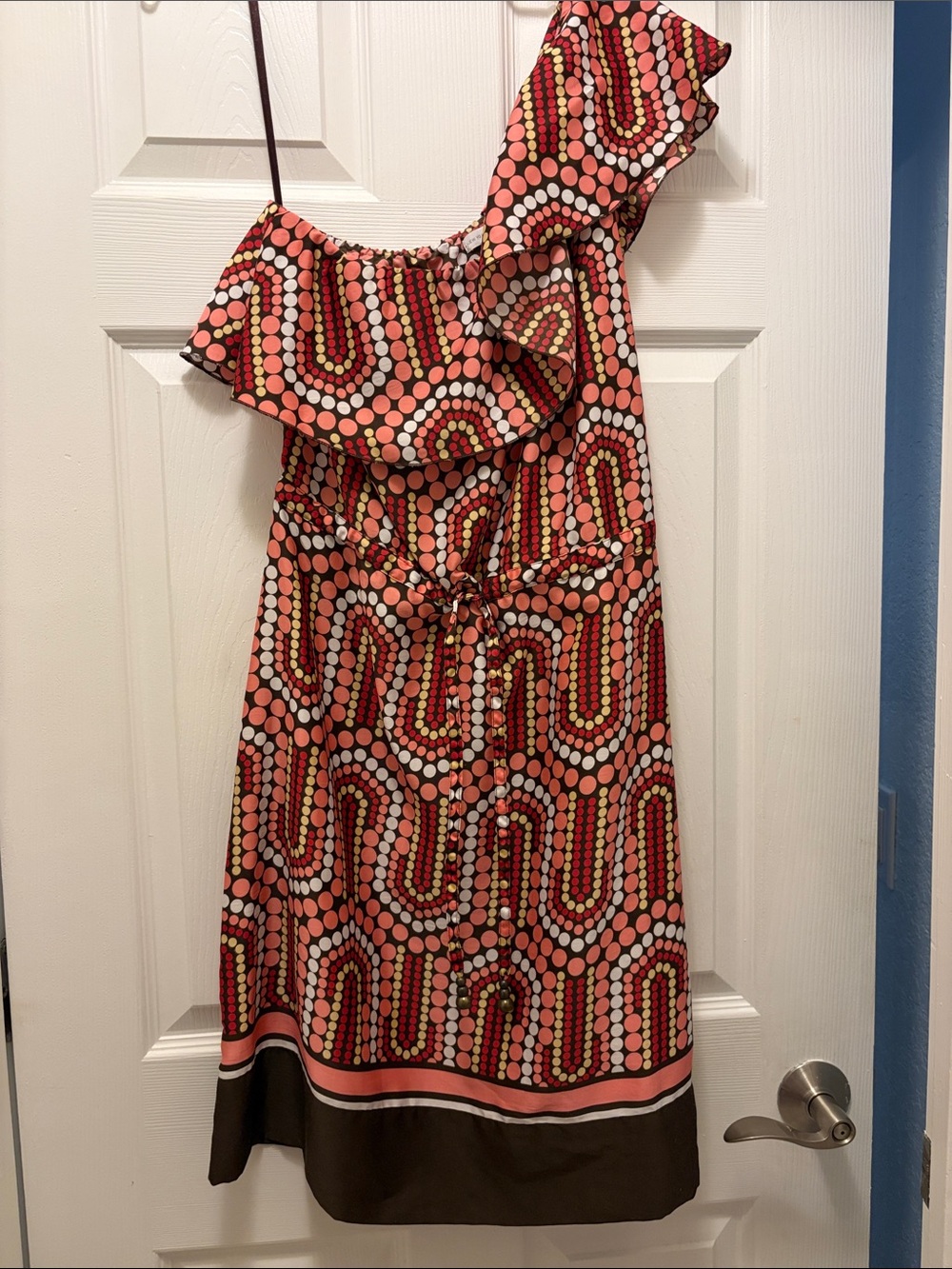 New York & Company One-Shoulder Coral Dot-Print Summer Dress size small